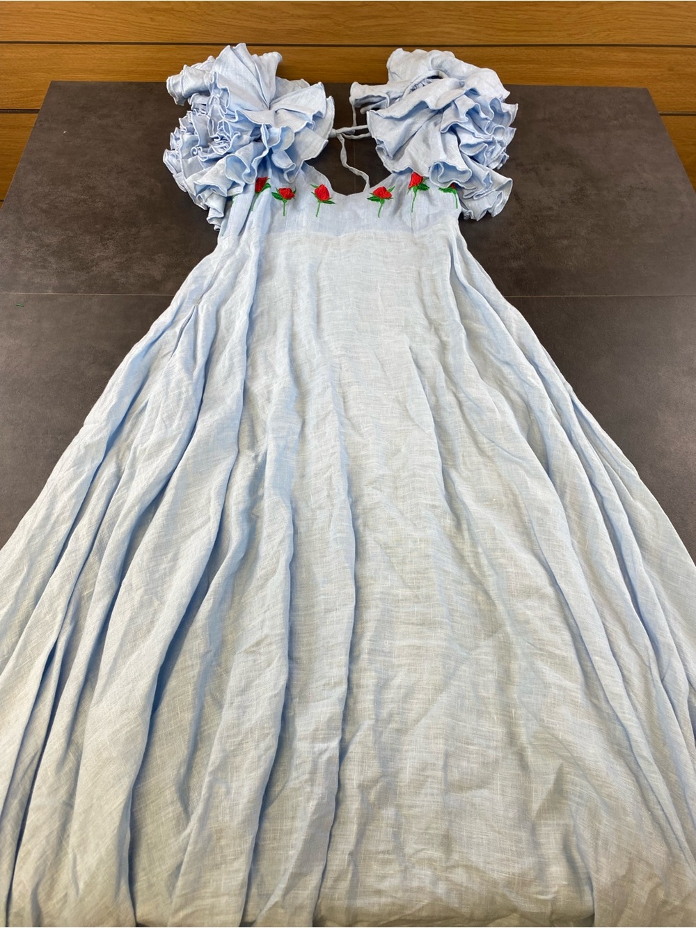 Fanm Mon Light Blue Linen Maxi Dress with Red Rose Embroidery XS